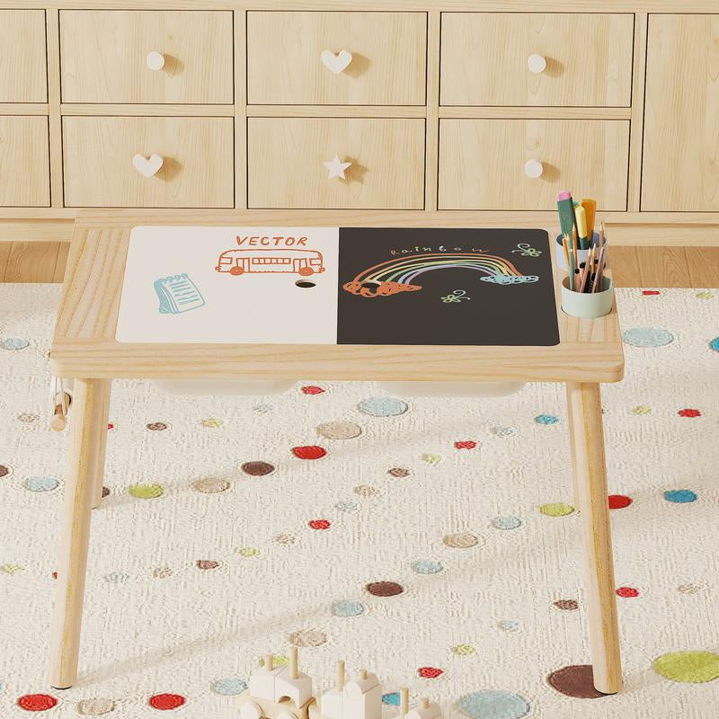 IRONCK Wooden Sensory Table for Kids, Double-Sided Play Table with 2 Cups & Drawing Paper + Foldable Storage Bins, Sand Water Activity Table for Toddlers, Birthday Gifts