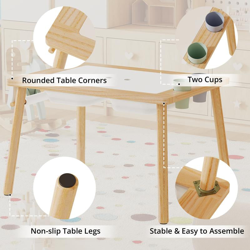 IRONCK Wooden Sensory Table for Kids, Double-Sided Play Table with 2 Cups & Drawing Paper + Foldable Storage Bins, Sand Water Activity Table for Toddlers, Birthday Gifts