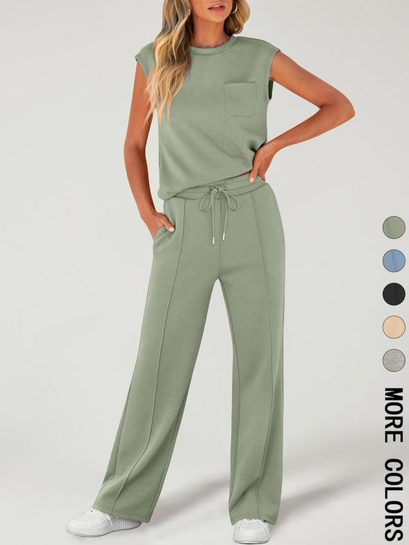 Women'S Solid Tank Top & Drawstring Waist Pants Two-Piece Set, Casual Basic Fitted Sleeveless round Neck Top & Trousers for Daily Wear, Ladies Two-Piece Outfits for All Seasons, Cozy Lounge Set, Womenswear, Clothes, Casual Fashion Set