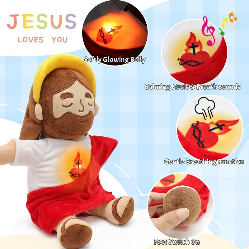 Yelakey Breathing Jesus Plush Toys with Light & Sound, Jesus Stuffed Animal Breathing Plushy Doll, Christian Catholic Religious Plushie Chr
