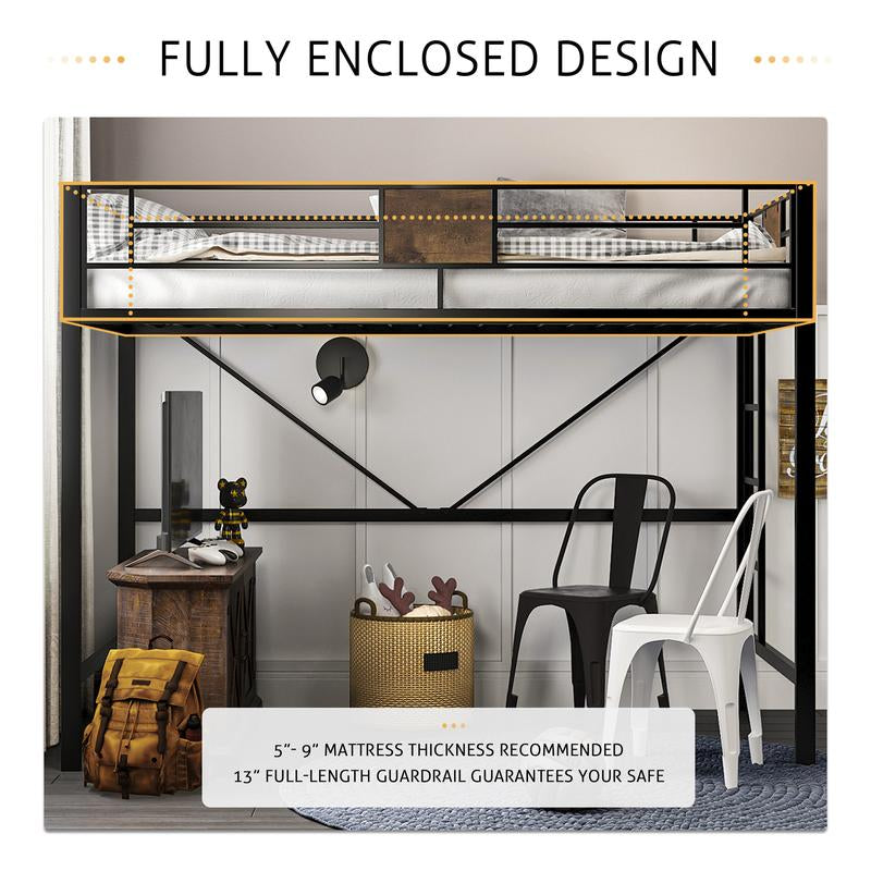SHA CERLIN Metal Twin Loft Bed Frame with Stairs & Full-Length Guardrail, 【Frame Only No Mattress】Space-Saving, Juniors and Adults, Noise Free#Tiktokshopbacktoschool