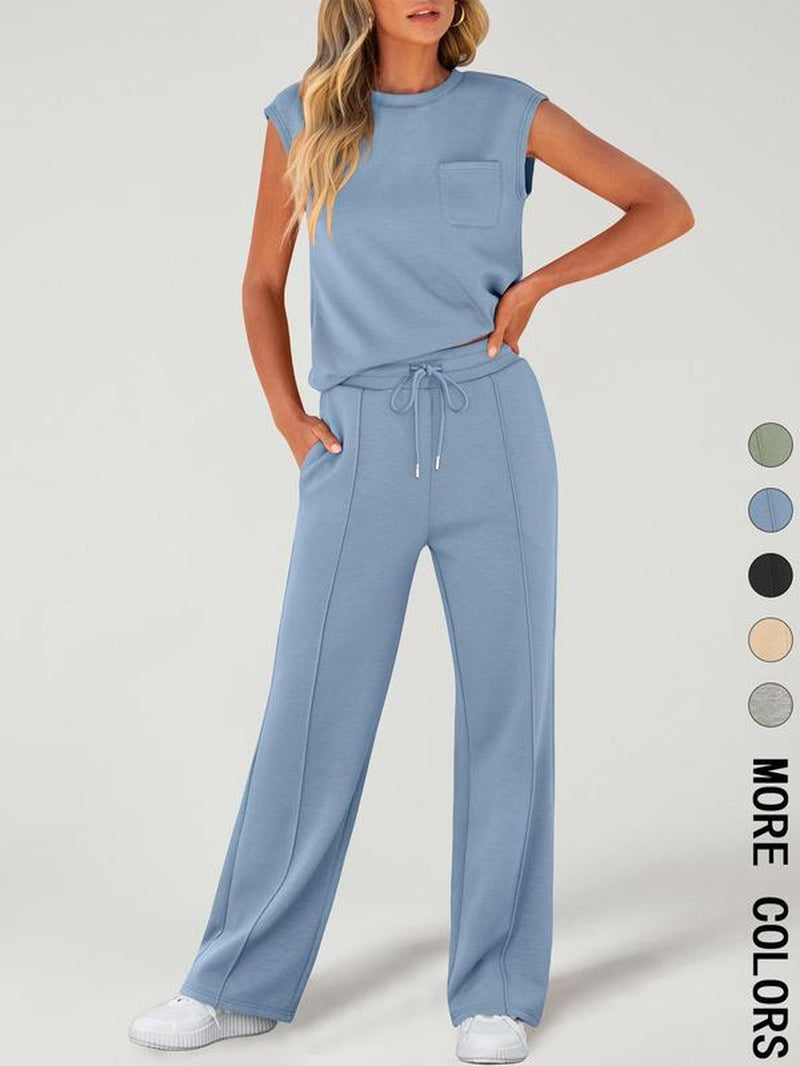 Women'S Solid Tank Top & Drawstring Waist Pants Two-Piece Set, Casual Basic Fitted Sleeveless round Neck Top & Trousers for Daily Wear, Ladies Two-Piece Outfits for All Seasons, Cozy Lounge Set, Womenswear, Clothes, Casual Fashion Set