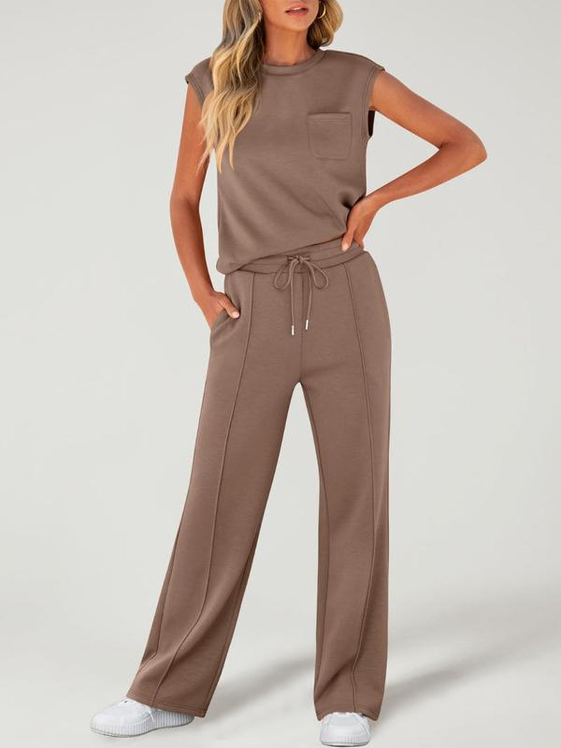Women'S Solid Tank Top & Drawstring Waist Pants Two-Piece Set, Casual Basic Fitted Sleeveless round Neck Top & Trousers for Daily Wear, Ladies Two-Piece Outfits for All Seasons, Cozy Lounge Set, Womenswear, Clothes, Casual Fashion Set