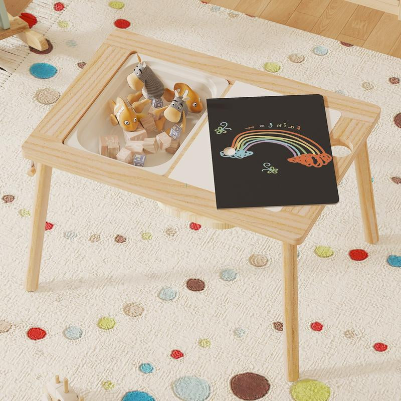 IRONCK Wooden Sensory Table for Kids, Double-Sided Play Table with 2 Cups & Drawing Paper + Foldable Storage Bins, Sand Water Activity Table for Toddlers, Birthday Gifts