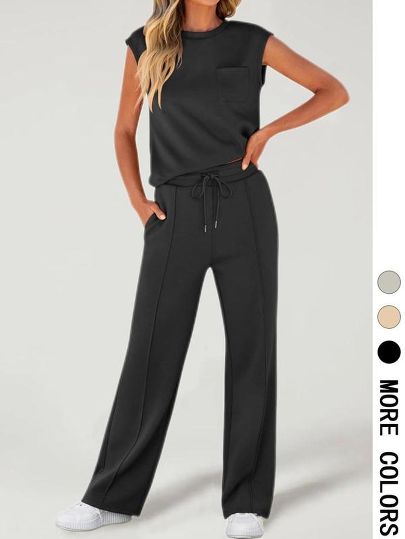 Women'S Solid Tank Top & Drawstring Waist Pants Two-Piece Set, Casual Basic Fitted Sleeveless round Neck Top & Trousers for Daily Wear, Ladies Two-Piece Outfits for All Seasons, Cozy Lounge Set, Womenswear, Clothes, Casual Fashion Set