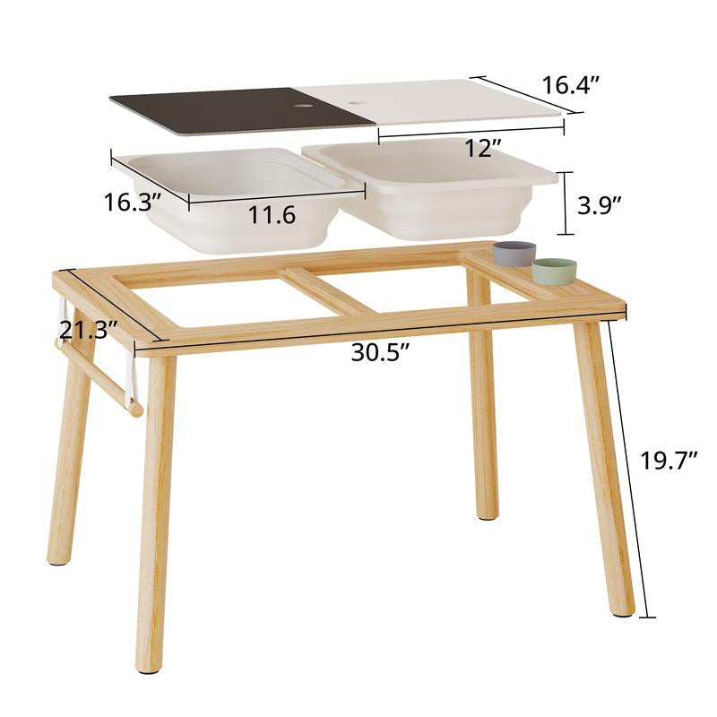 IRONCK Wooden Sensory Table for Kids, Double-Sided Play Table with 2 Cups & Drawing Paper + Foldable Storage Bins, Sand Water Activity Table for Toddlers, Birthday Gifts