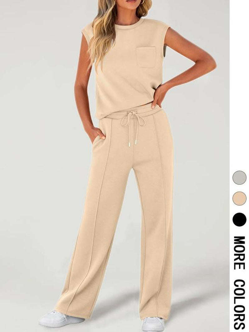 Women'S Solid Tank Top & Drawstring Waist Pants Two-Piece Set, Casual Basic Fitted Sleeveless round Neck Top & Trousers for Daily Wear, Ladies Two-Piece Outfits for All Seasons, Cozy Lounge Set, Womenswear, Clothes, Casual Fashion Set