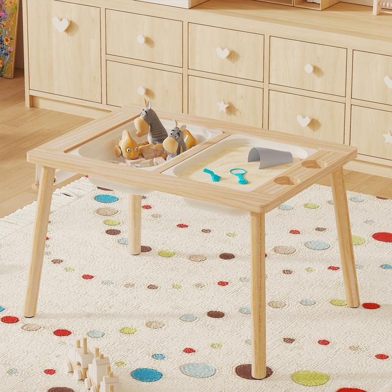 IRONCK Wooden Sensory Table for Kids, Double-Sided Play Table with 2 Cups & Drawing Paper + Foldable Storage Bins, Sand Water Activity Table for Toddlers, Birthday Gifts