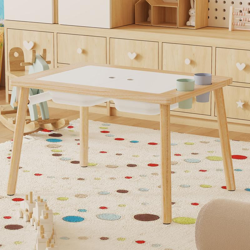 IRONCK Wooden Sensory Table for Kids, Double-Sided Play Table with 2 Cups & Drawing Paper + Foldable Storage Bins, Sand Water Activity Table for Toddlers, Birthday Gifts