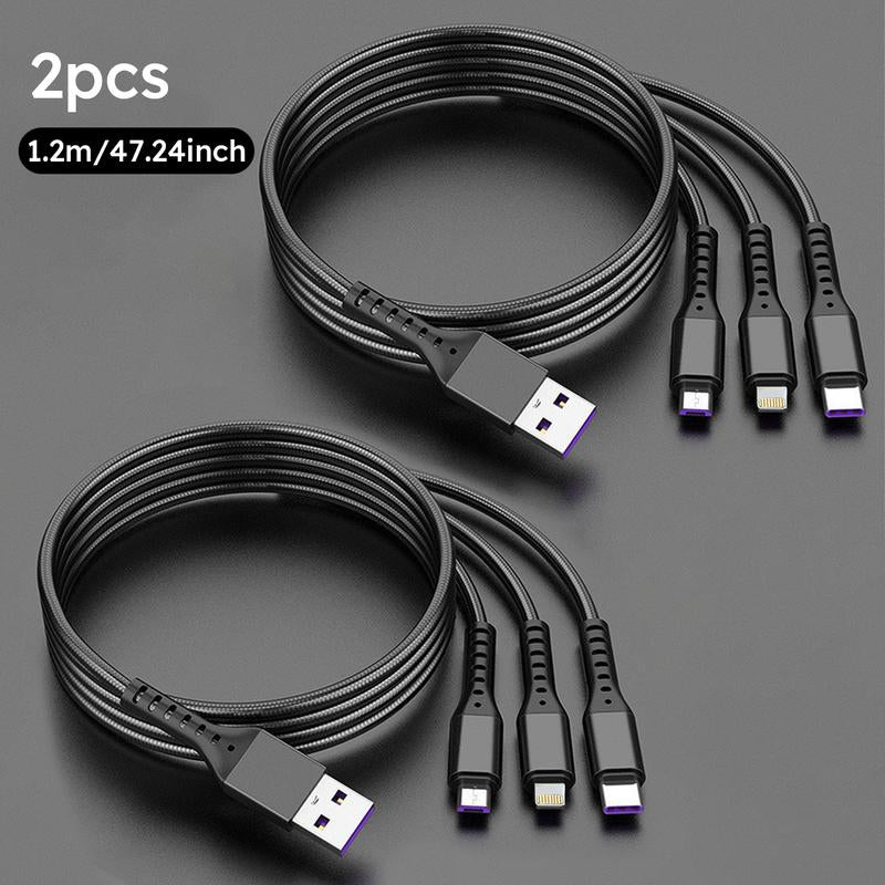 Jogrytece 2Pcs 1.2M/4Ft 66W Super Fast Charging USB Cable Mfi Certified 3 in 1 USB Charging Cable with Type-C, Micro USB, IP Port for Most Phones/Iphones/Tablets C Android Device Smartphone Cellphone Electronic Charger