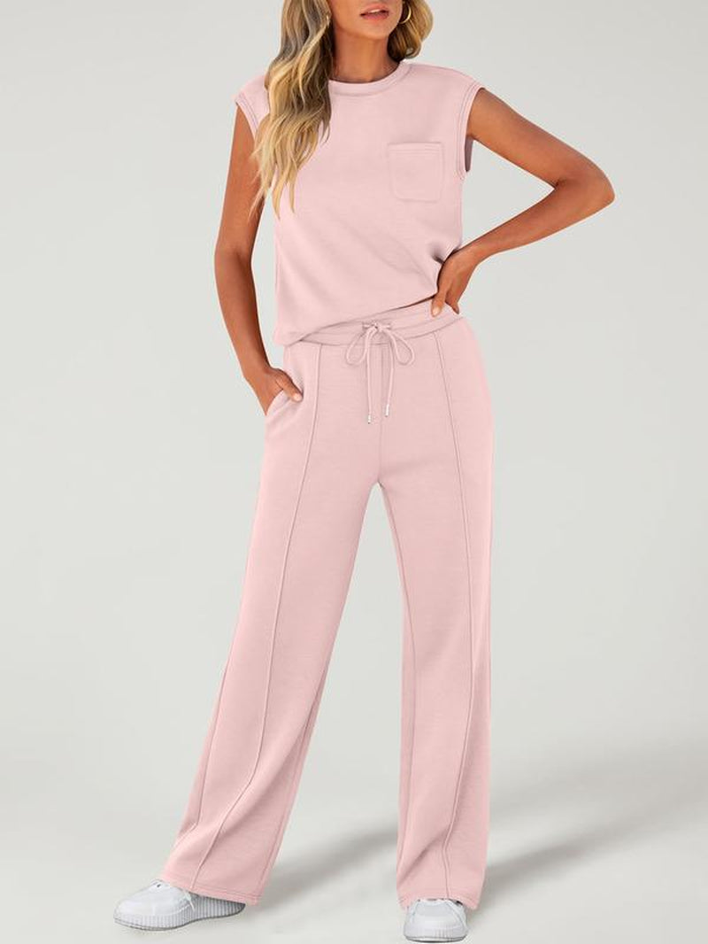 Women'S Solid Tank Top & Drawstring Waist Pants Two-Piece Set, Casual Basic Fitted Sleeveless round Neck Top & Trousers for Daily Wear, Ladies Two-Piece Outfits for All Seasons, Cozy Lounge Set, Womenswear, Clothes, Casual Fashion Set