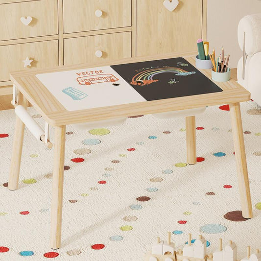 IRONCK Wooden Sensory Table for Kids, Double-Sided Play Table with 2 Cups & Drawing Paper + Foldable Storage Bins, Sand Water Activity Table for Toddlers, Birthday Gifts