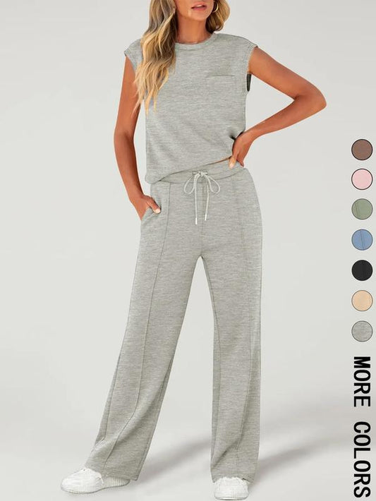 Women'S Solid Tank Top & Drawstring Waist Pants Two-Piece Set, Casual Basic Fitted Sleeveless round Neck Top & Trousers for Daily Wear, Ladies Two-Piece Outfits for All Seasons, Cozy Lounge Set, Womenswear, Clothes, Casual Fashion Set